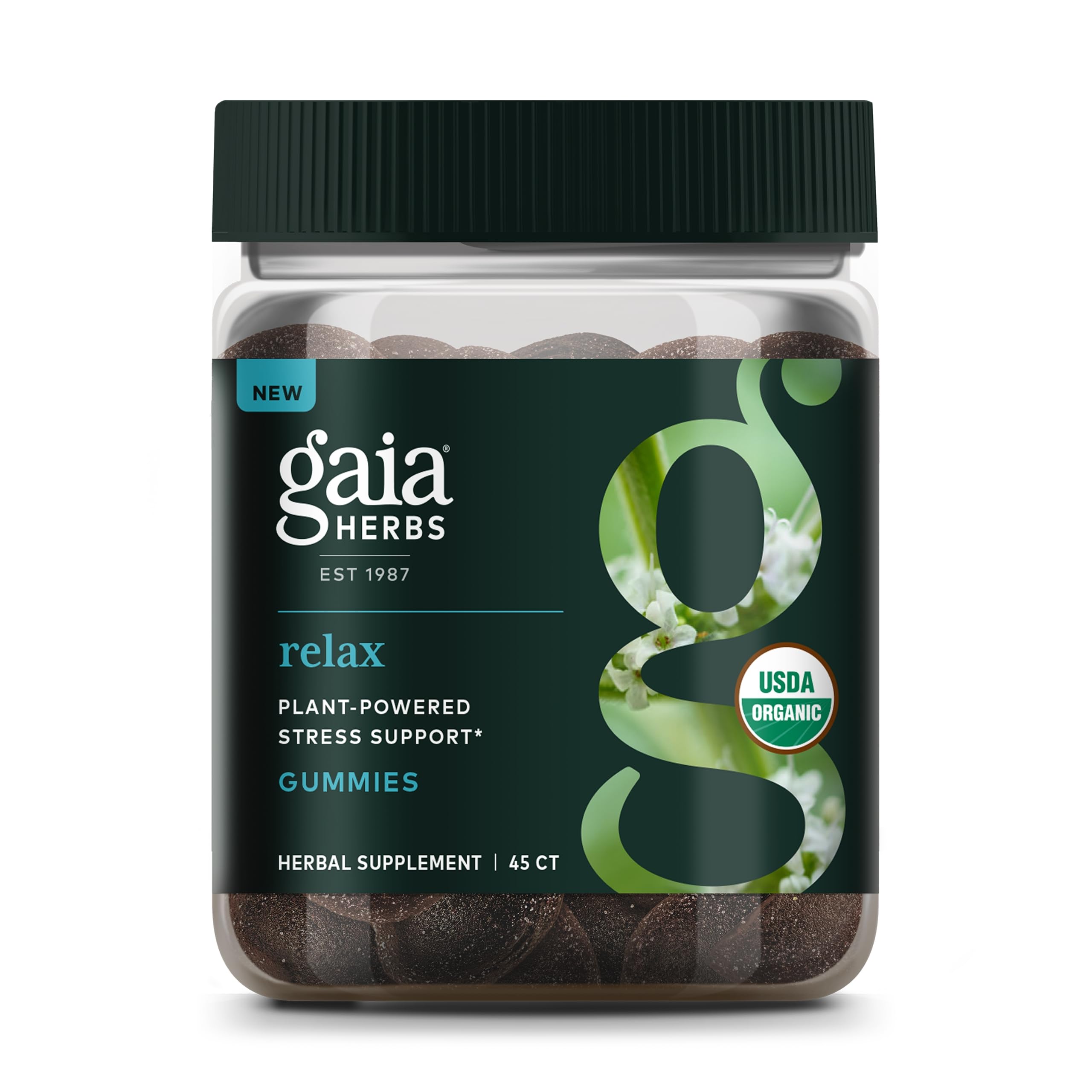 Gaia Herbs Relax Gummies bottle shown for daily calm support.