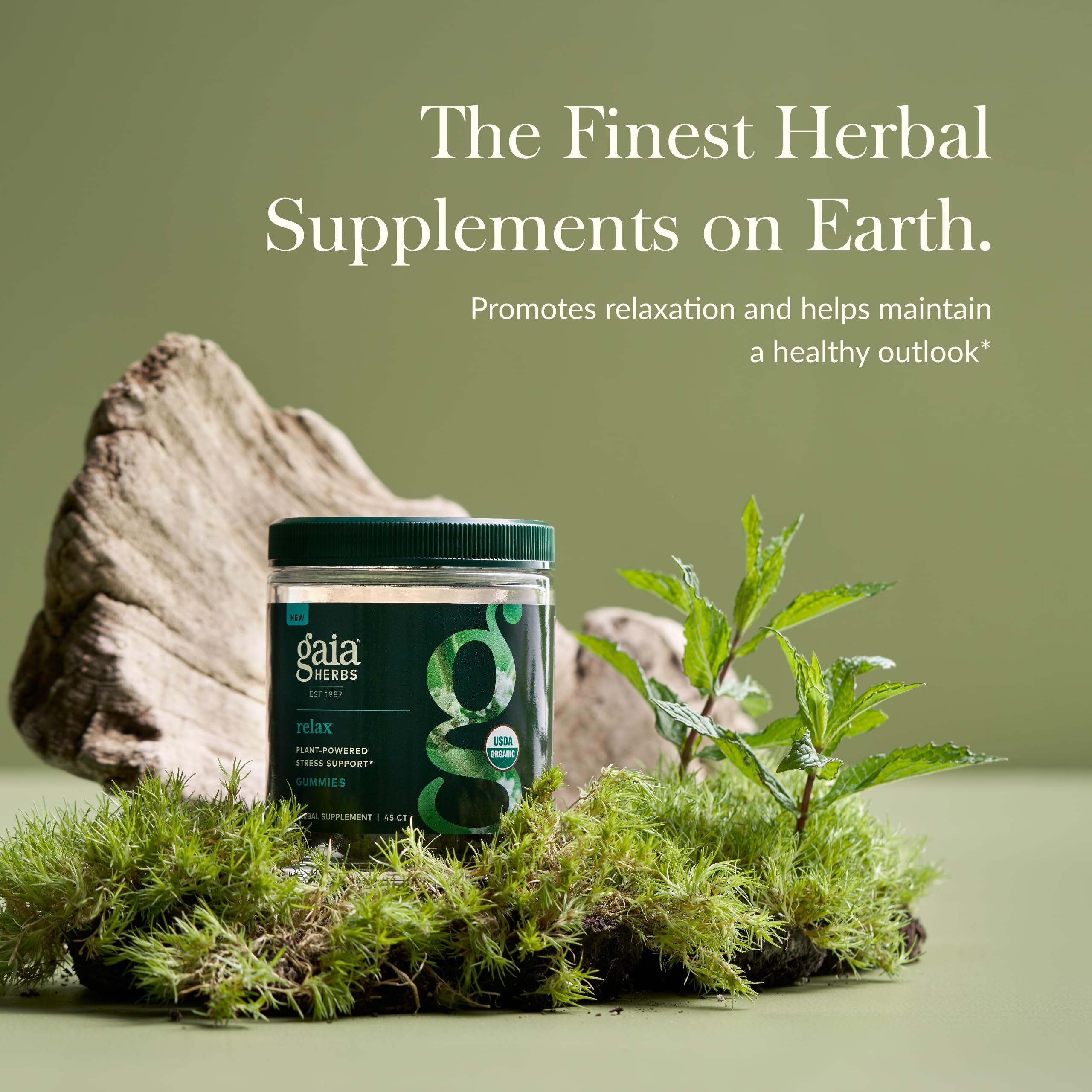 Gaia Herbs Relax Gummies ingredients close-up with passionflower and lemon balm.