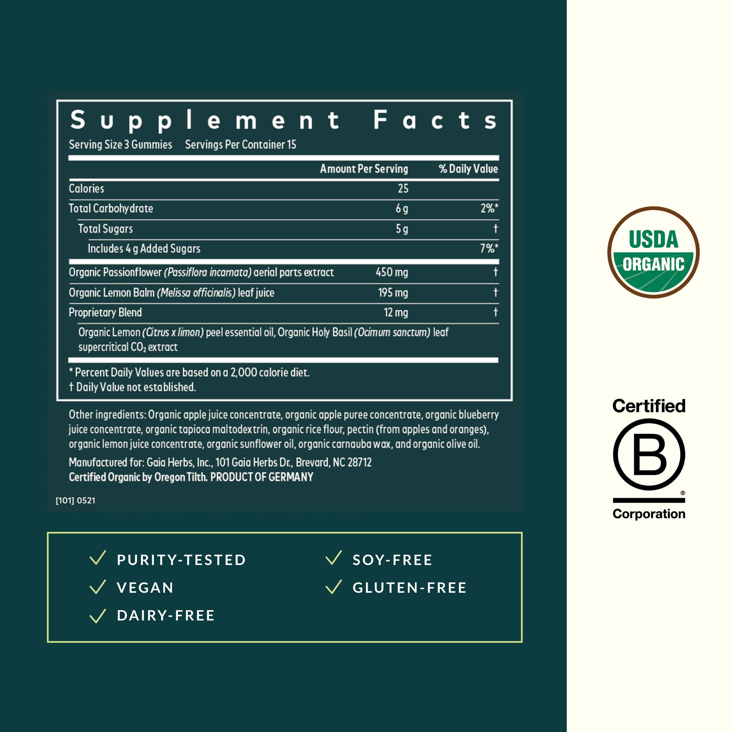 Gaia Herbs Relax Gummies bottle label highlights organic juices and natural flavor.