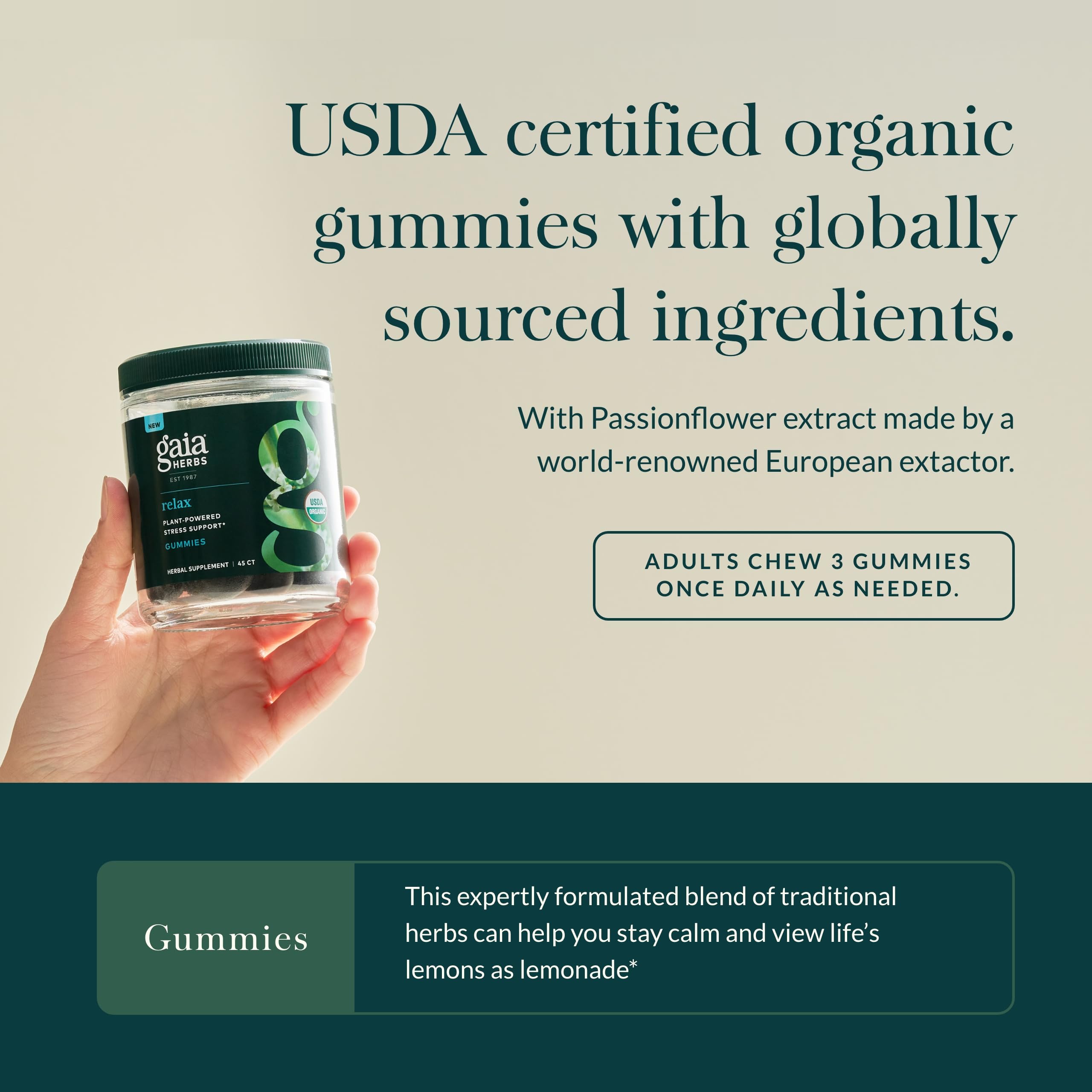 Gaia Herbs Relax Gummies bottle pouring to suggest convenient daily use.