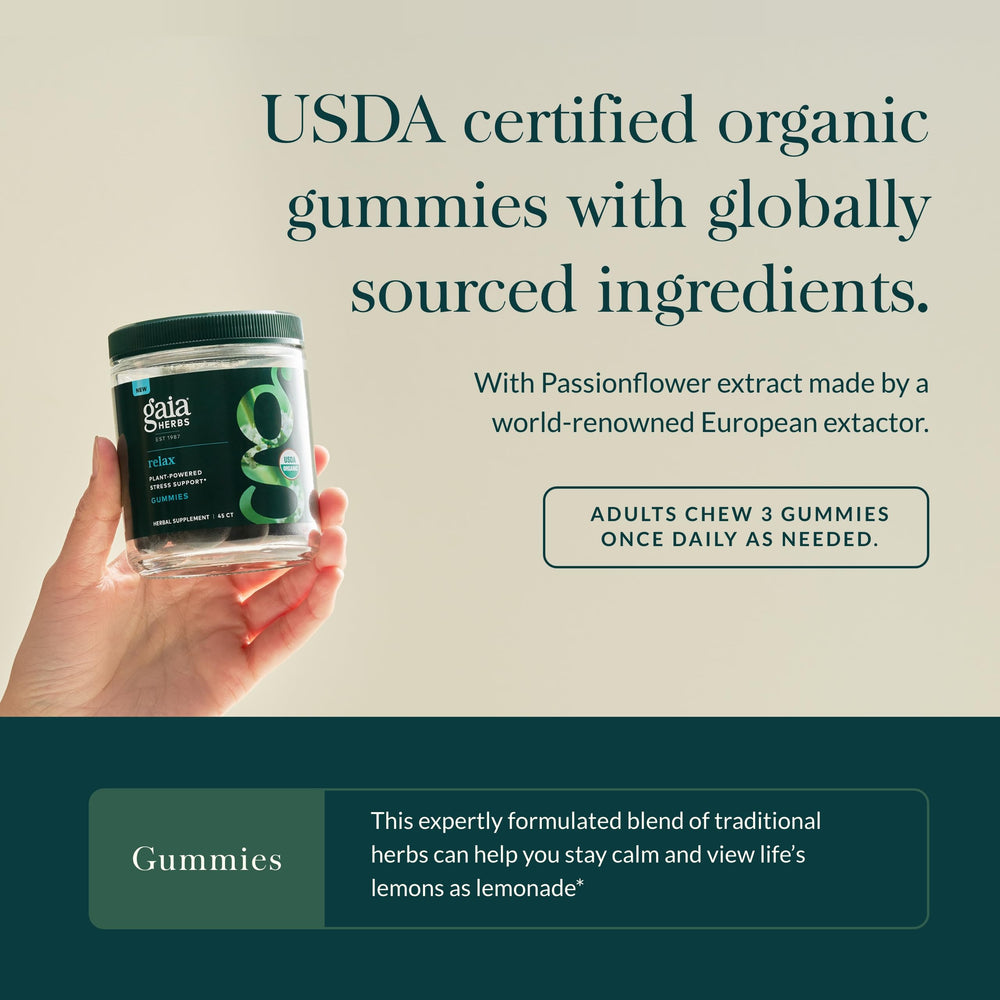 Gaia Herbs Relax Gummies bottle pouring to suggest convenient daily use.