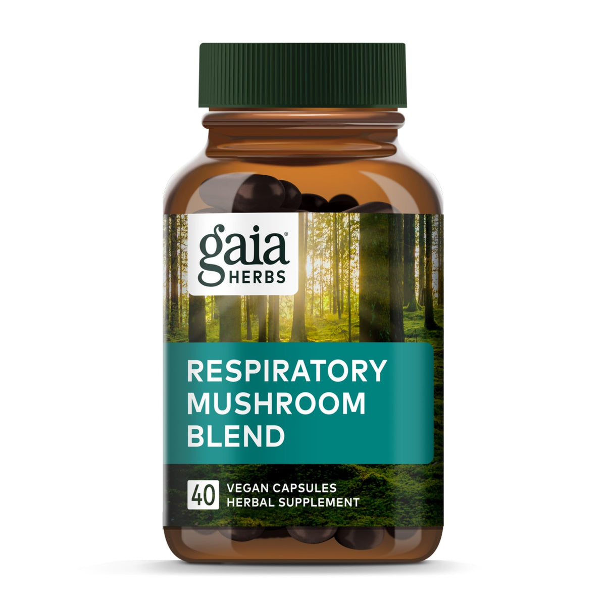 Gaia Herbs Respiratory Mushroom Blend bottle with capsules for immune support.