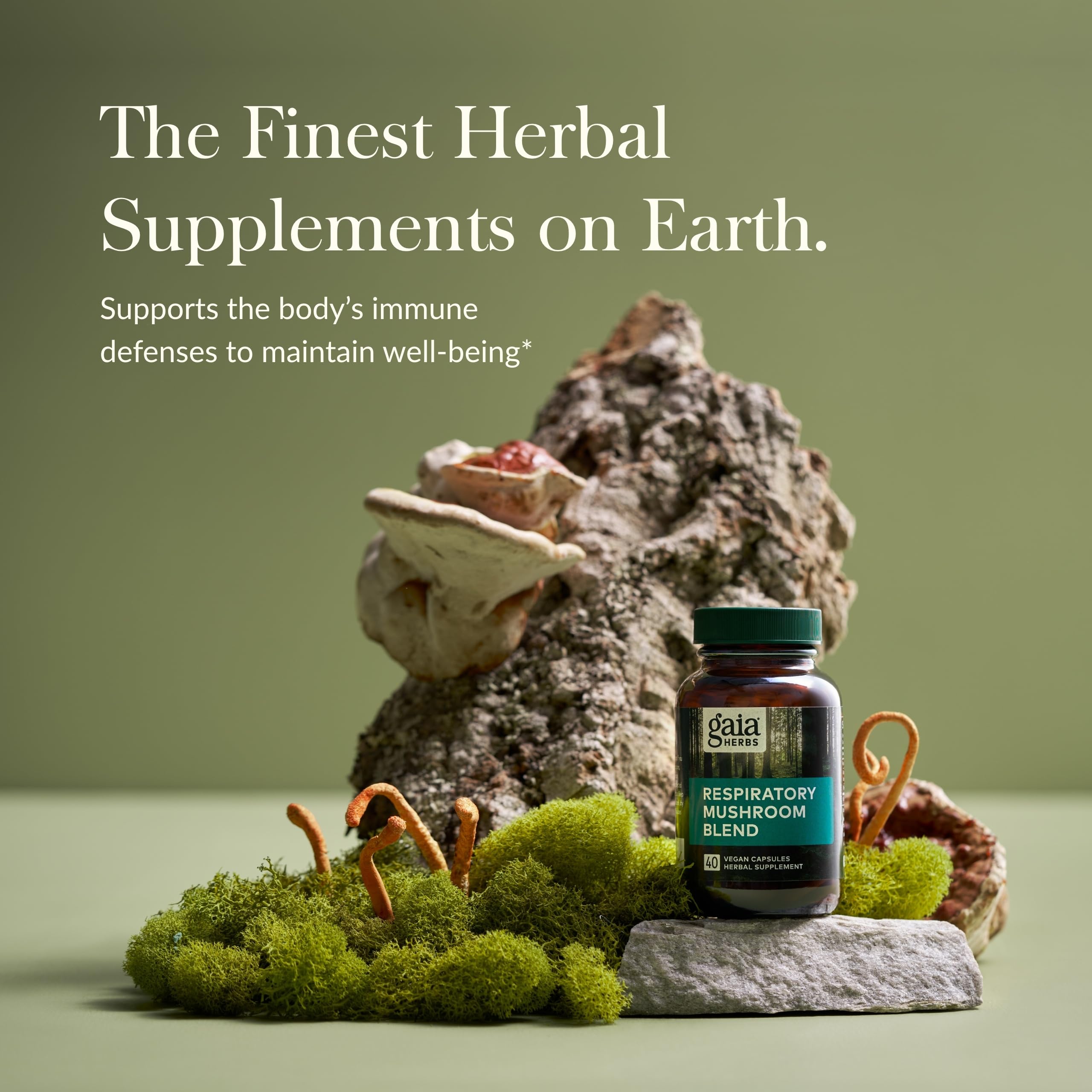 Gaia Herbs Respiratory Mushroom Blend capsules close-up highlighting vegan formula.