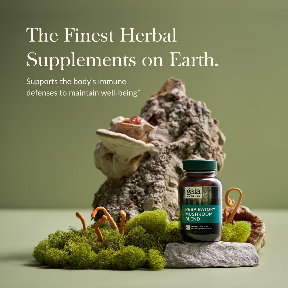 Gaia Herbs Respiratory Mushroom Blend capsules close-up highlighting vegan formula.