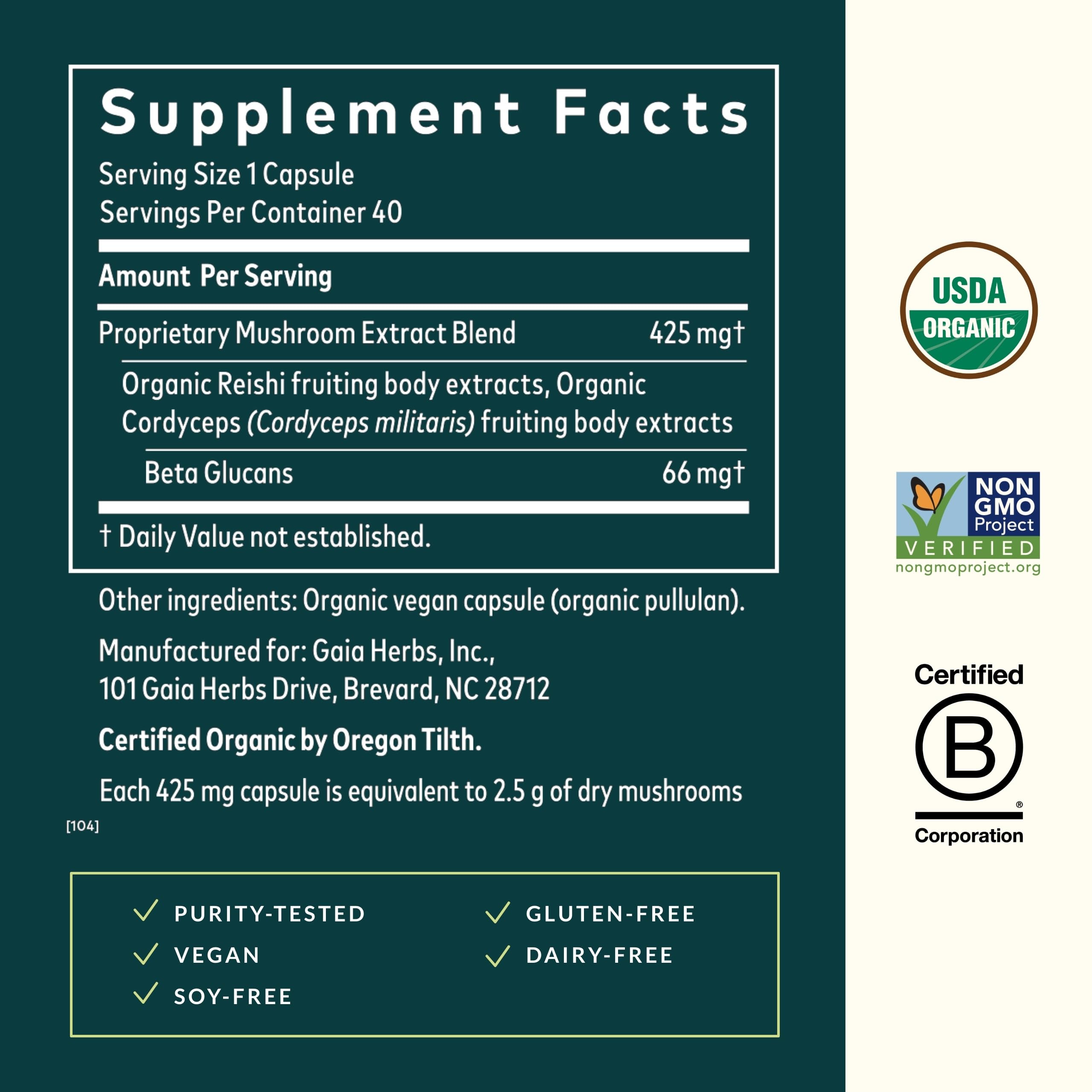 Gaia Herbs Respiratory Mushroom Blend label close-up highlights purity and gluten-free claim.