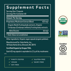 Gaia Herbs Respiratory Mushroom Blend label close-up highlights purity and gluten-free claim.
