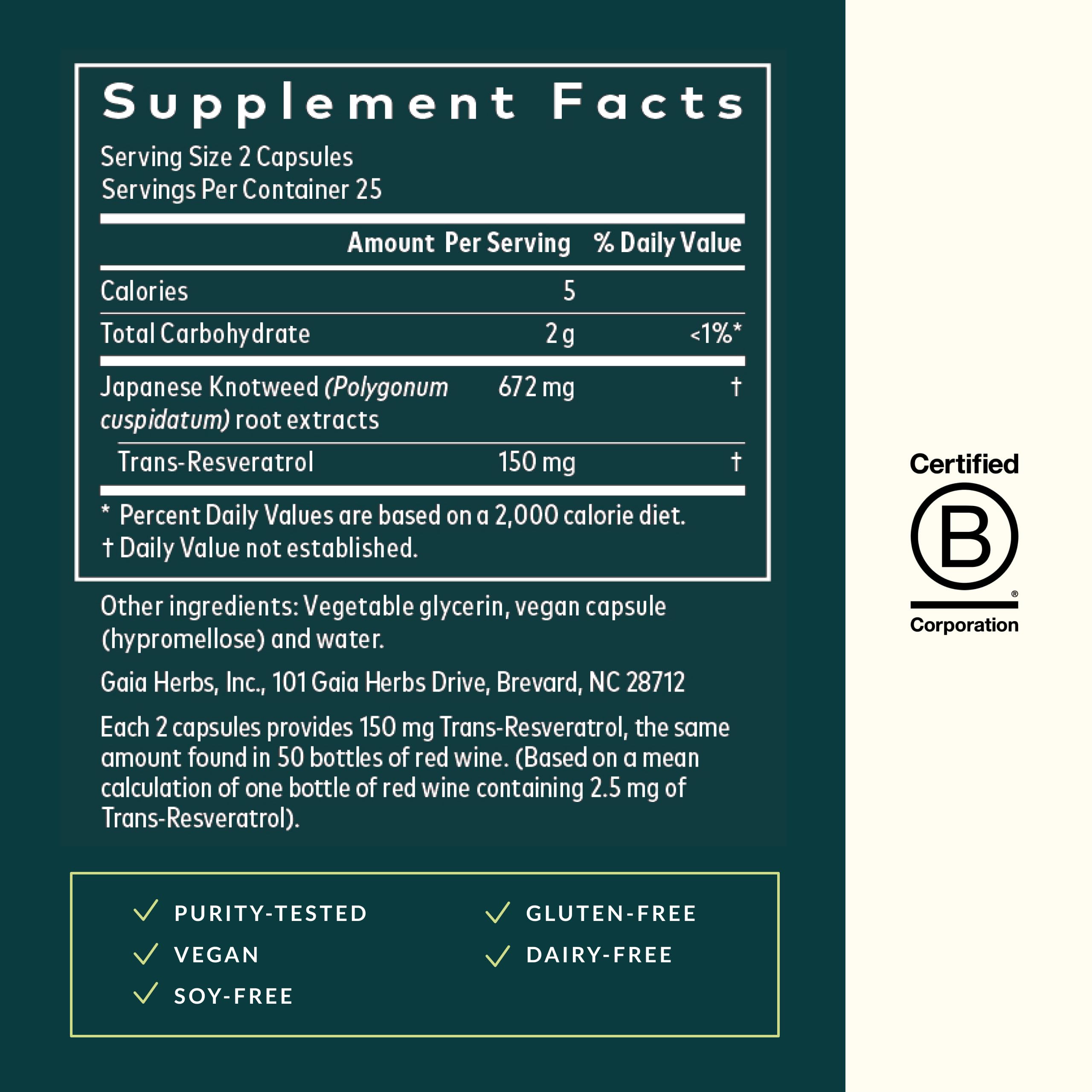 Gaia Herbs Resveratrol label close-up, showing knotweed origin