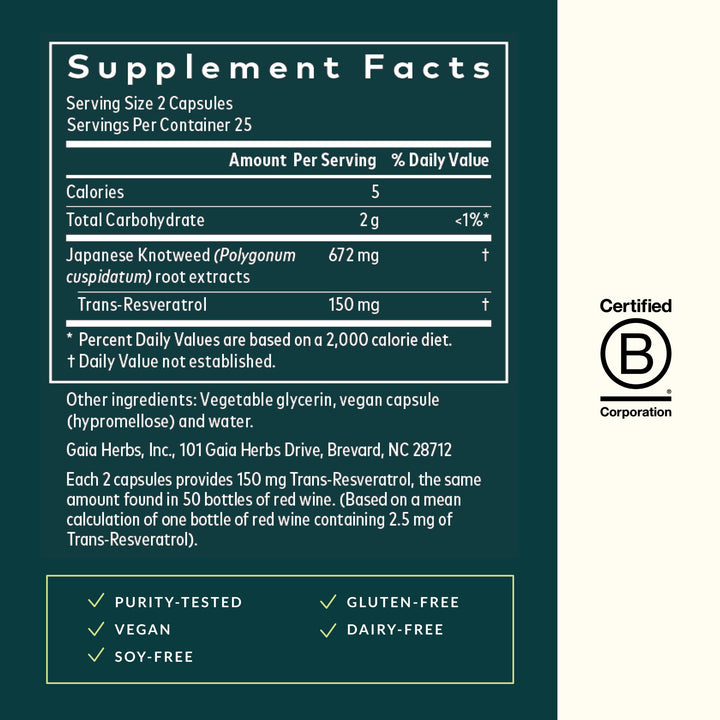 Gaia Herbs Resveratrol label close-up, showing knotweed origin