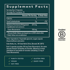 Gaia Herbs Resveratrol label close-up, showing knotweed origin