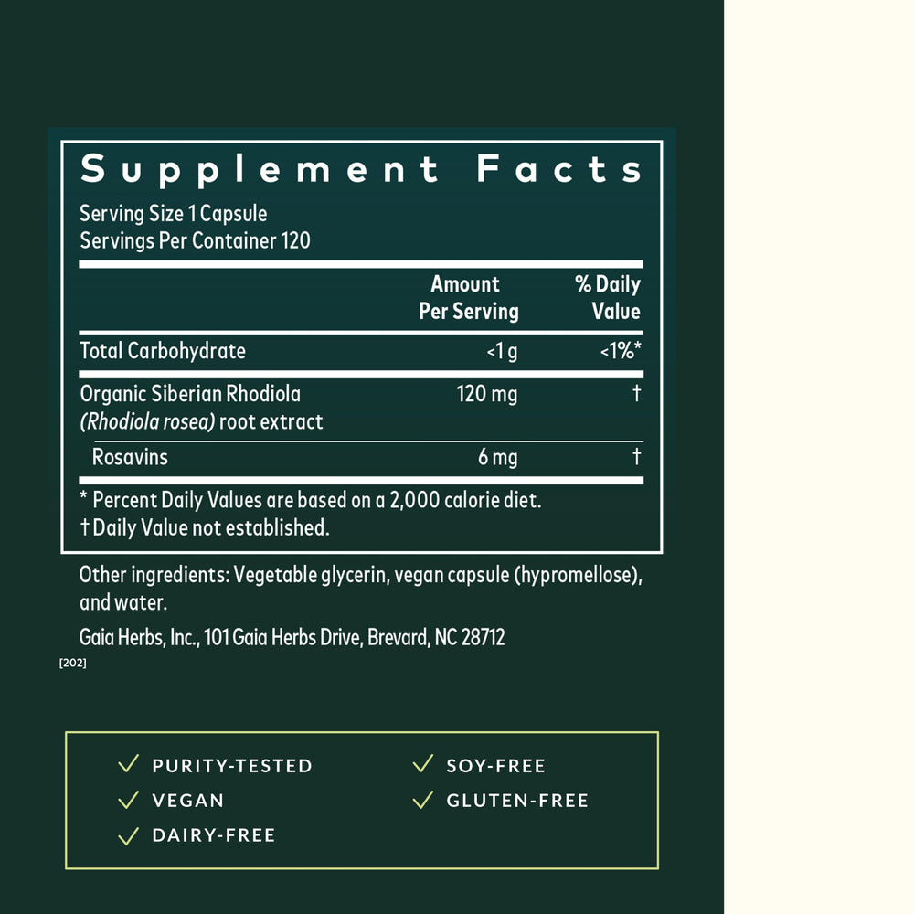 Rhodiola root extract dropper close-up with Gaia Herbs.