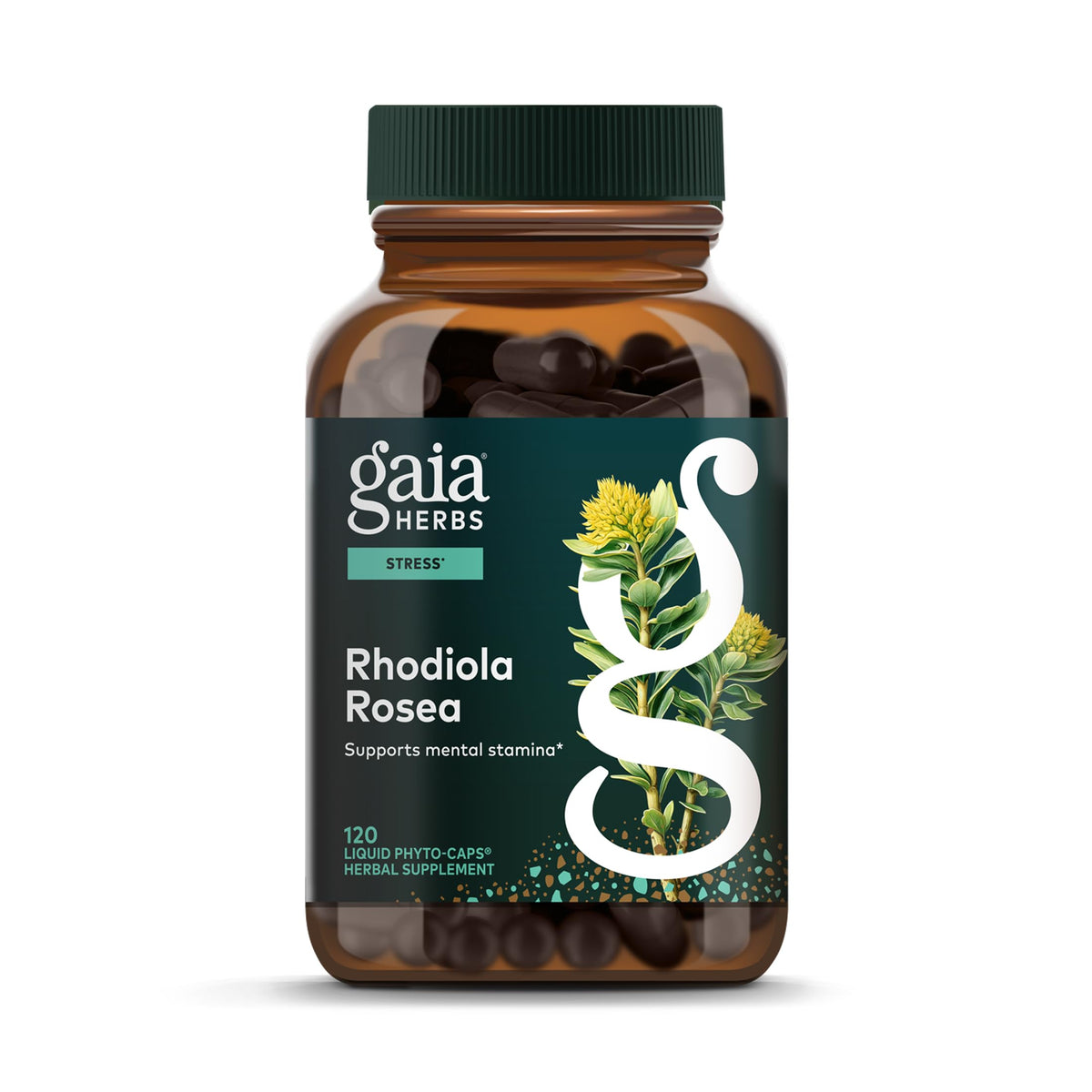 Gaia Herbs Rhodiola Rosea bottle for stress support on a shelf.