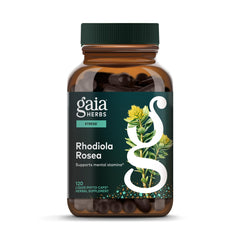Gaia Herbs Rhodiola Rosea bottle for stress support on a shelf.