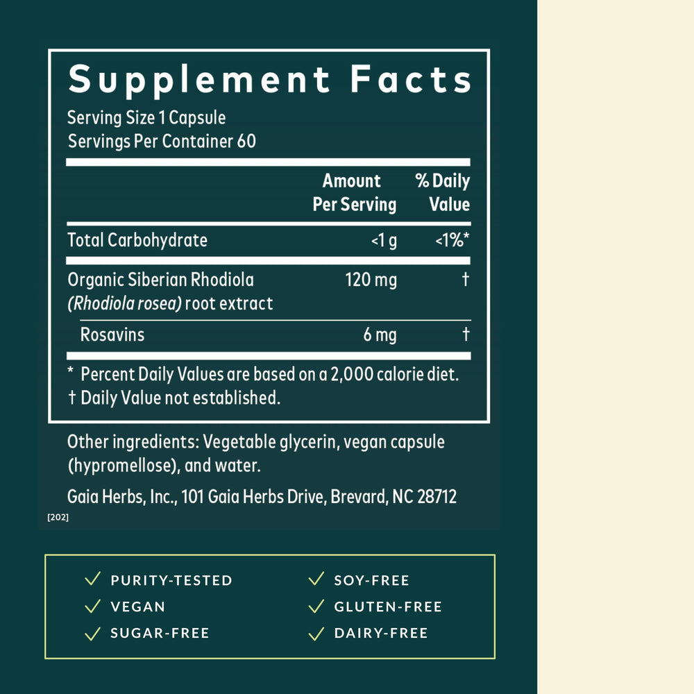 Gaia Herbs Rhodiola Rosea dosage spoon indicating easy daily use.