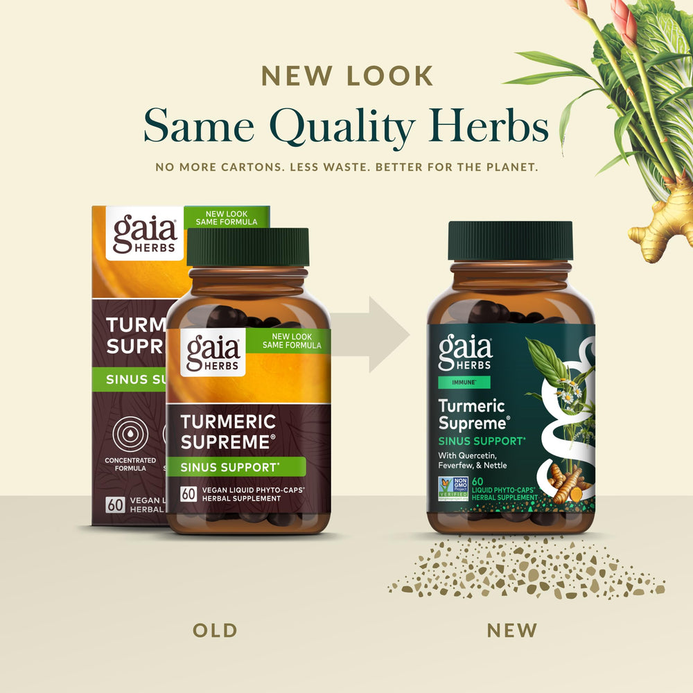 Gaia Herbs Sinus Support Ingredients graphic displays quercetin and turmeric