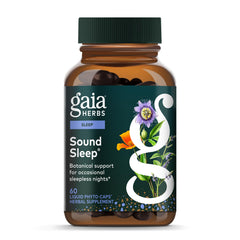 Gaia Herbs Sound Sleep bottle on wood surface promoting nightly calm and relaxation.