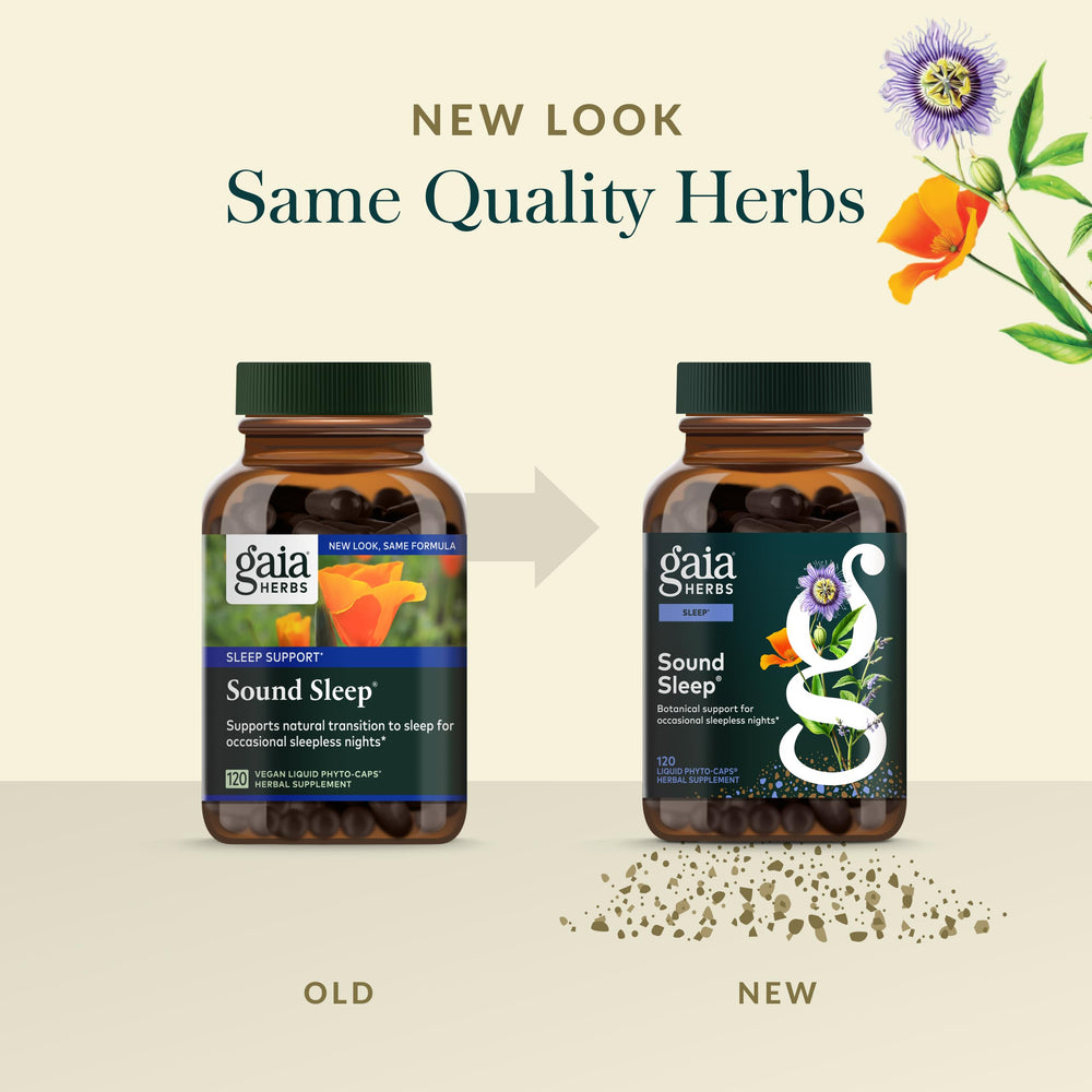 Gaia Herbs Sound Sleep packaging emphasizes sustainable sourcing and purity.