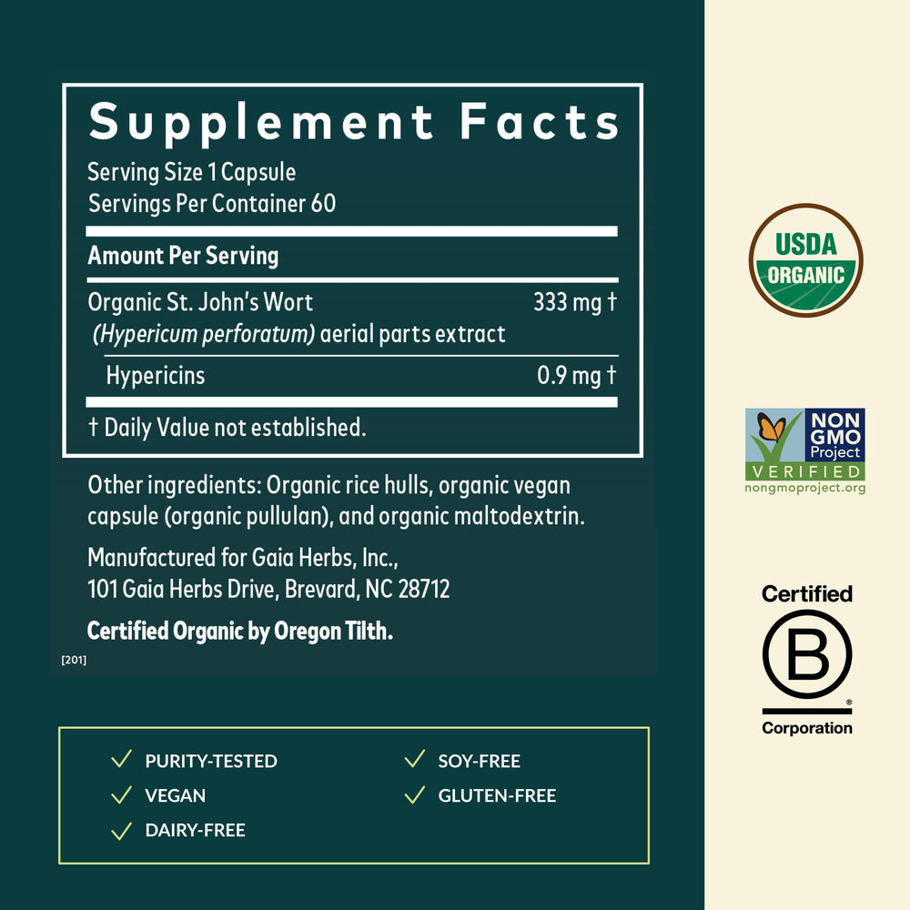 Close-up of Gaia Herbs St. John's Wort capsules highlighting daily balance.