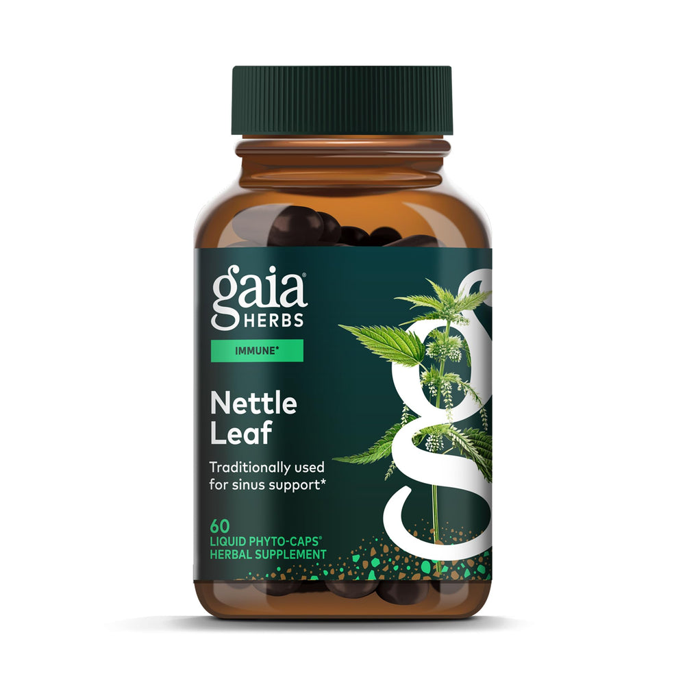 Gaia Herbs Stinging Nettle Leaf bottle on desk, aiding respiratory comfort and immune support.