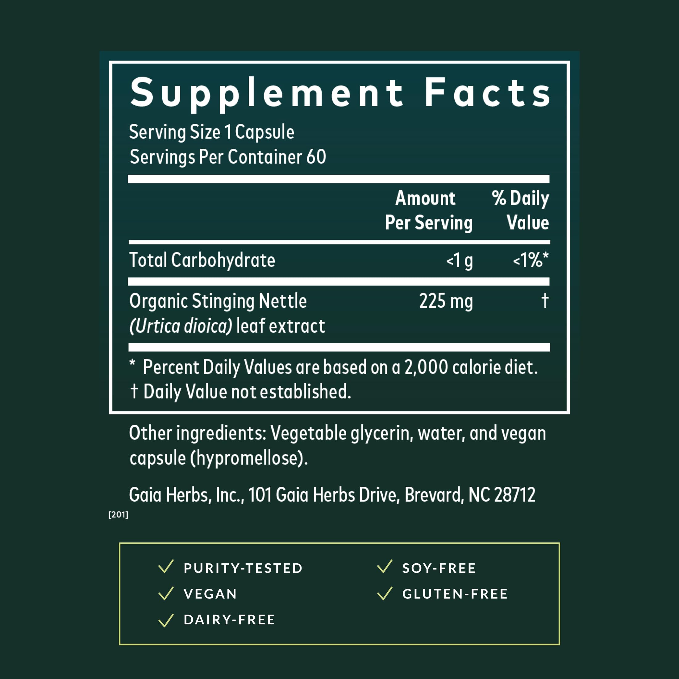 Gaia Herbs nettle capsules pour shows easy daily use for seasonal wellness.
