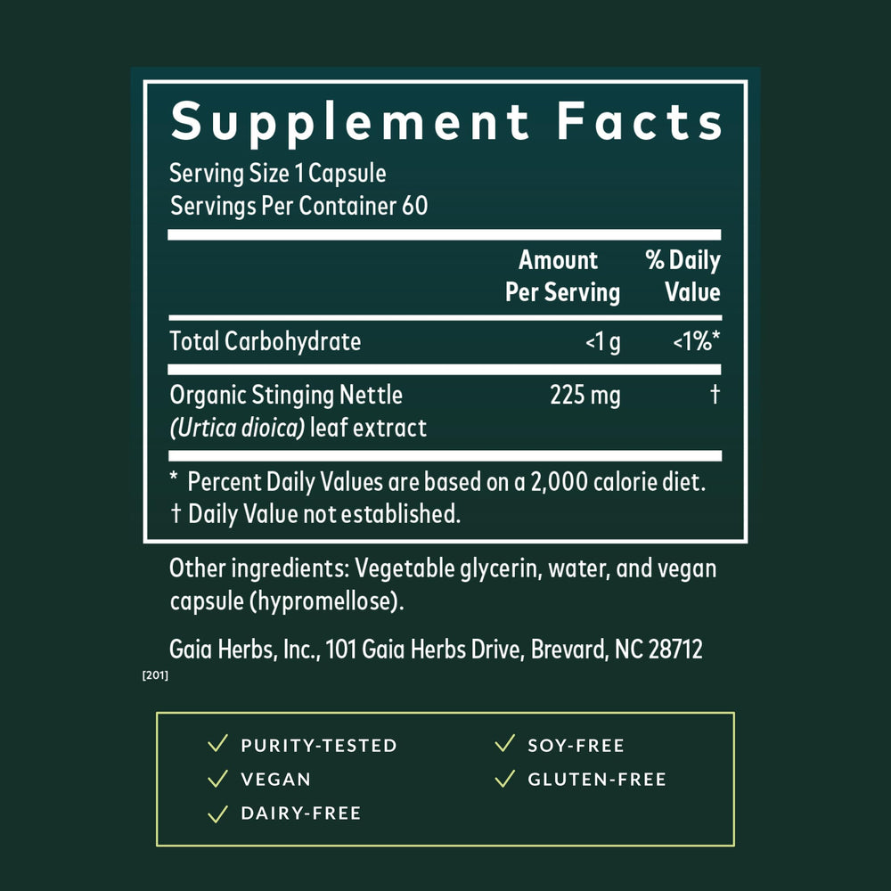 Gaia Herbs nettle capsules pour shows easy daily use for seasonal wellness.