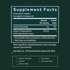 Gaia Herbs nettle capsules pour shows easy daily use for seasonal wellness.