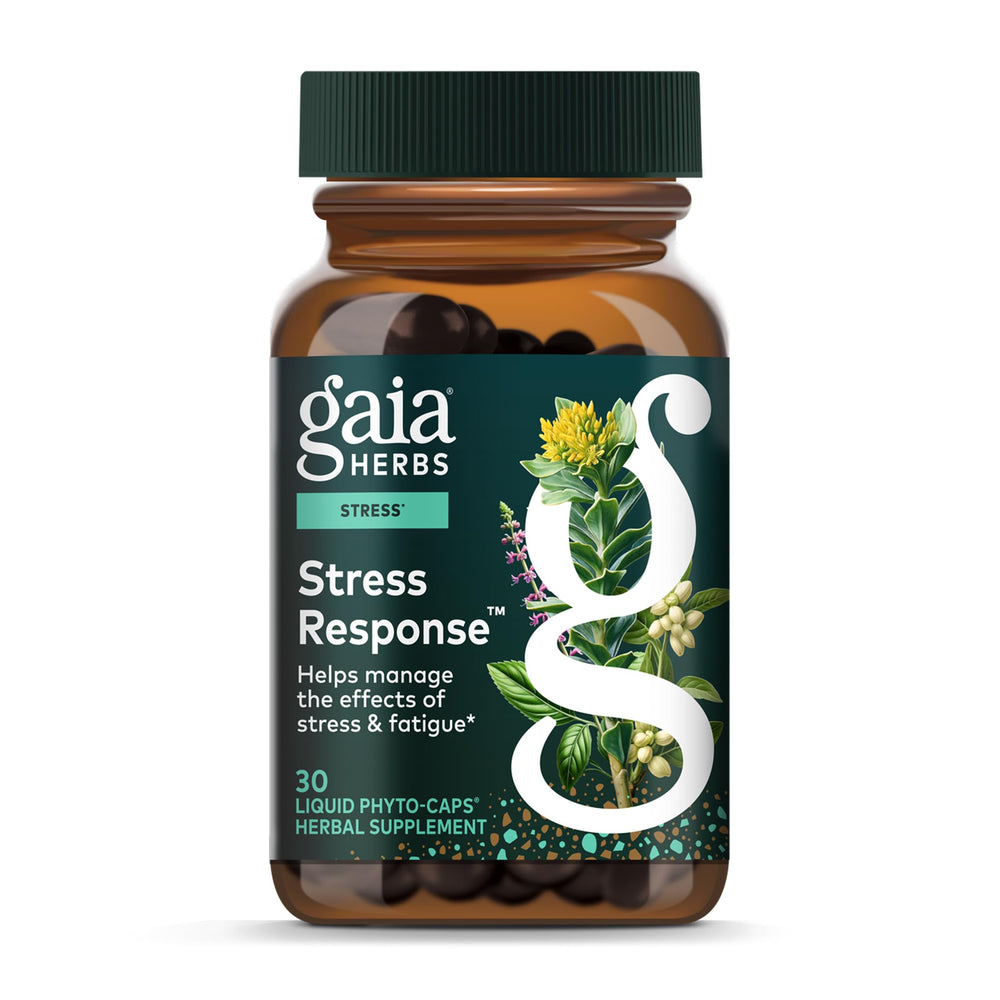 Gaia Herbs Stress Response bottle close-up highlighting the calming blend for daily stress support.