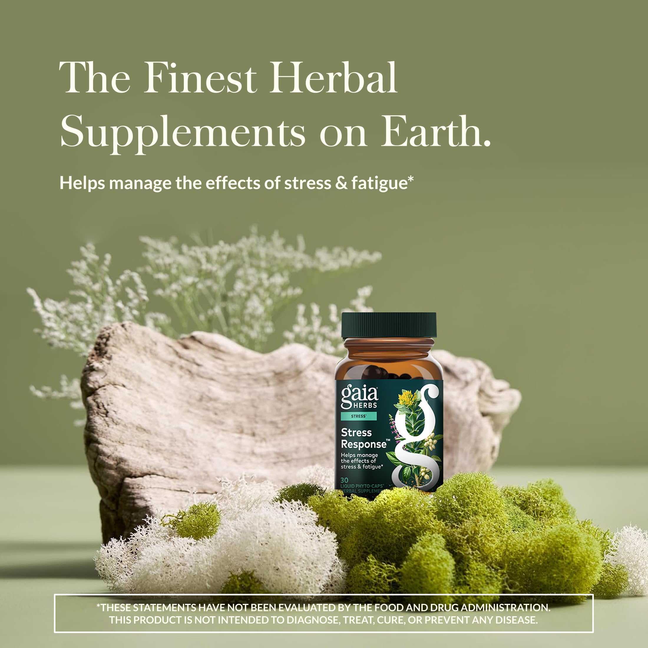 Gaia Herbs Stress Response capsules open showing vegan liquid phyto-caps for easy use.