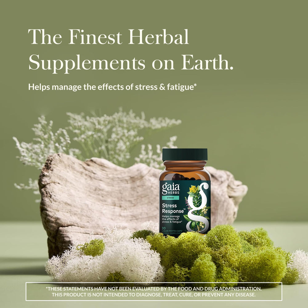 Gaia Herbs Stress Response capsules open showing vegan liquid phyto-caps for easy use.