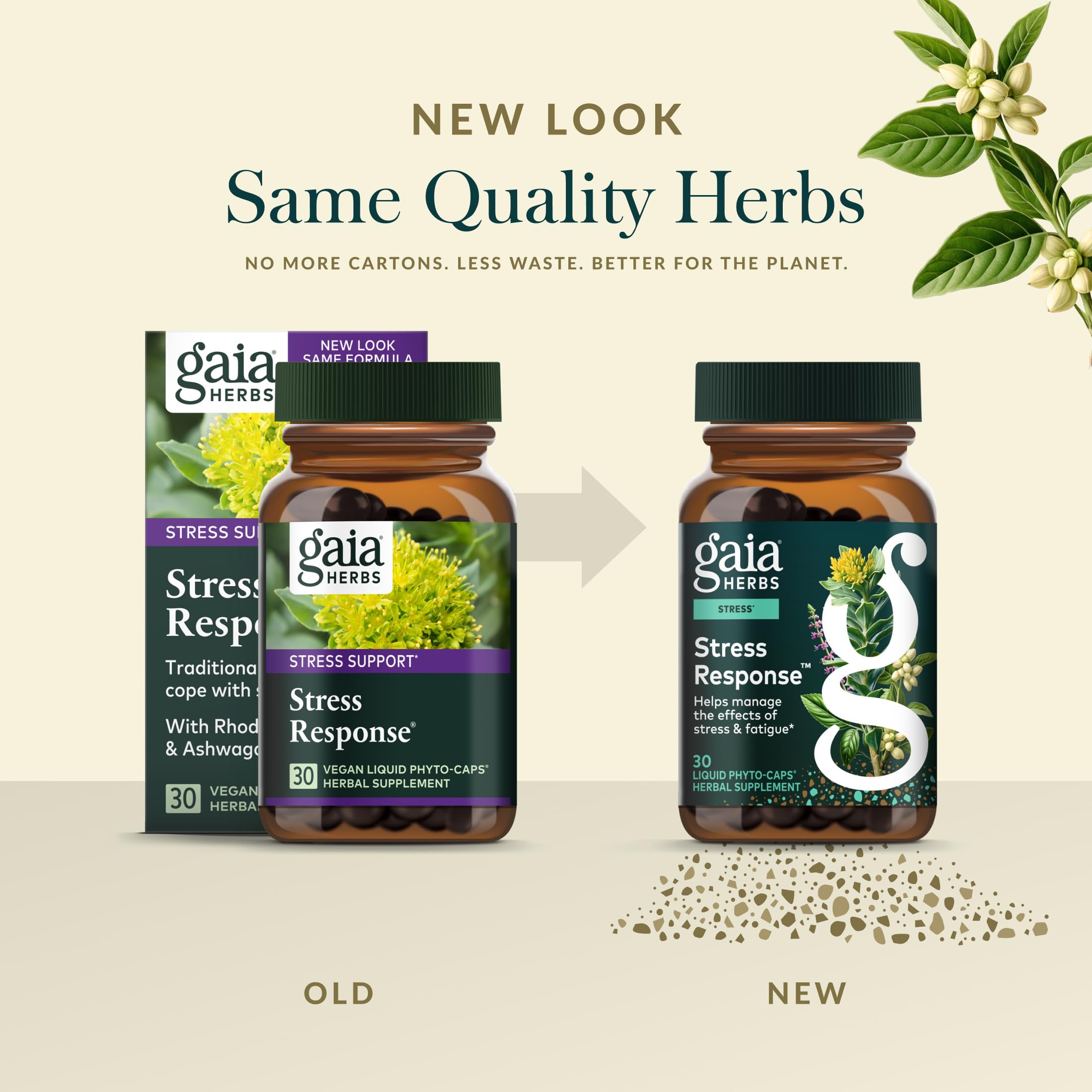 Gaia Herbs Stress Response vegan liquid phyto-caps close-up for simple daily stress support.