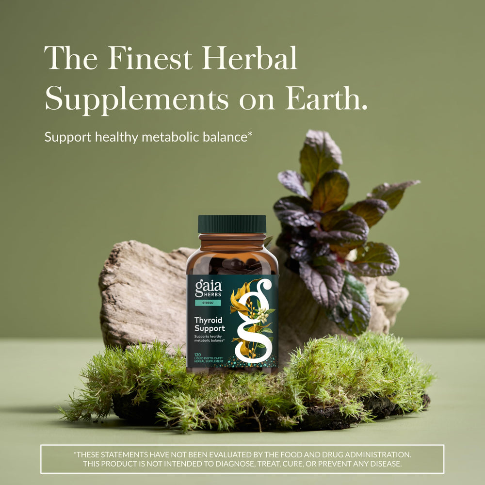 Gaia Herbs Thyroid Support bottle label closeup highlighting organic seaweed ingredients