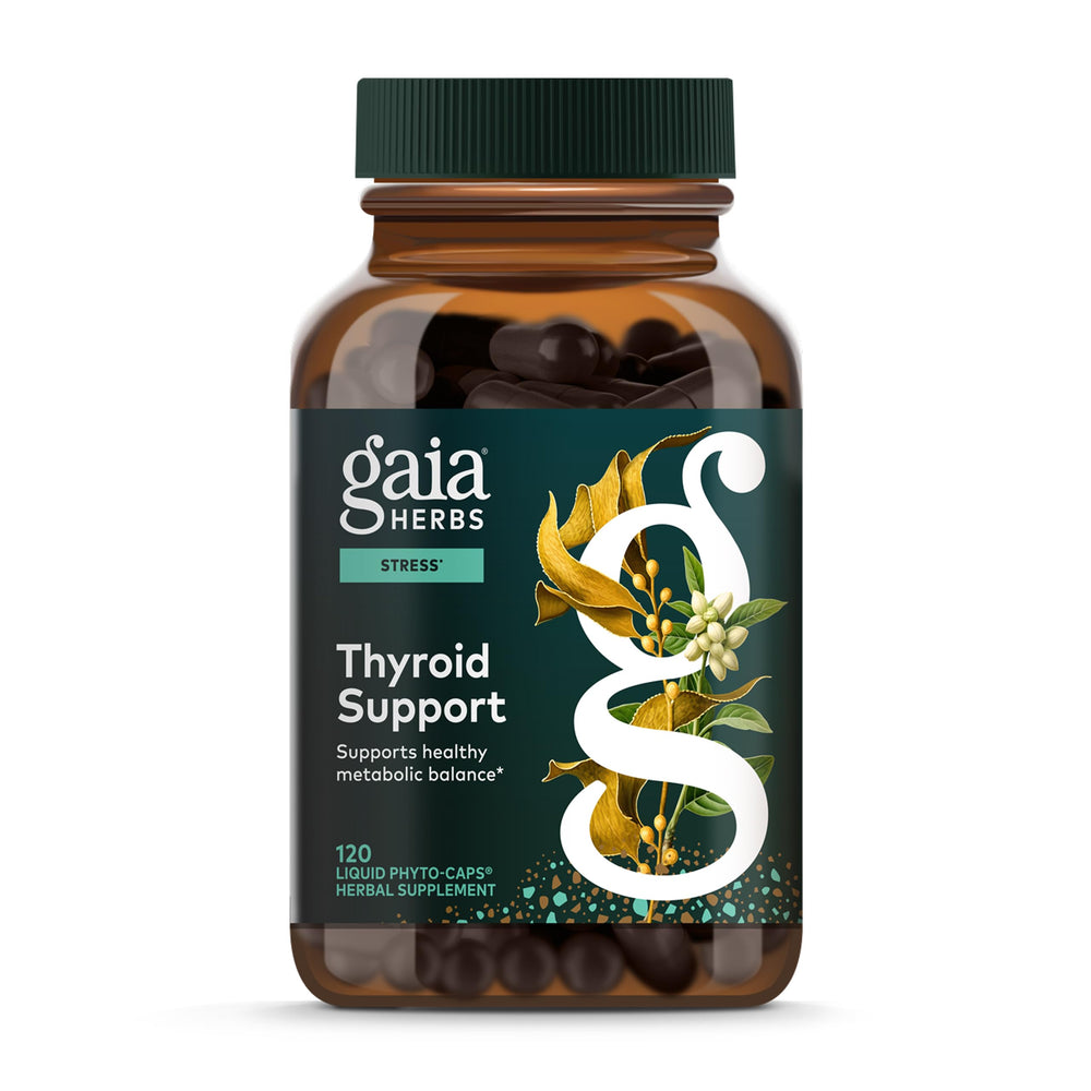 Gaia Herbs Thyroid Support bottle pour showing easy-to-take vegan capsules
