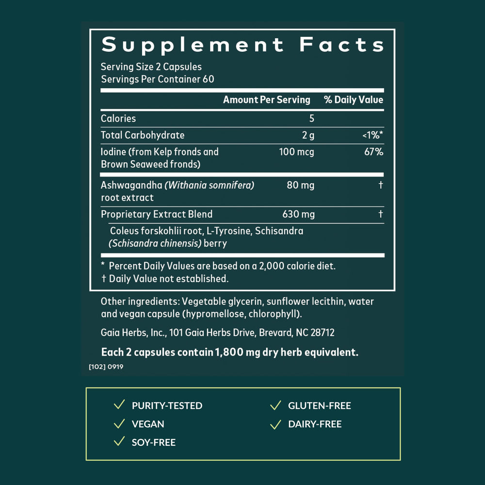 Gaia Herbs Thyroid Support phyto-caps container illustrating plant-based formula