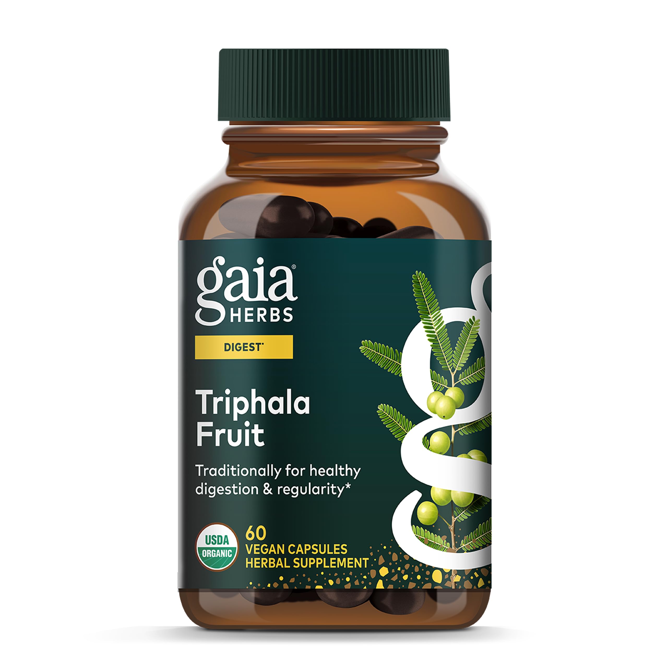 Gaia Herbs Triphala Fruit bottle with capsules for gentle daily digestive support