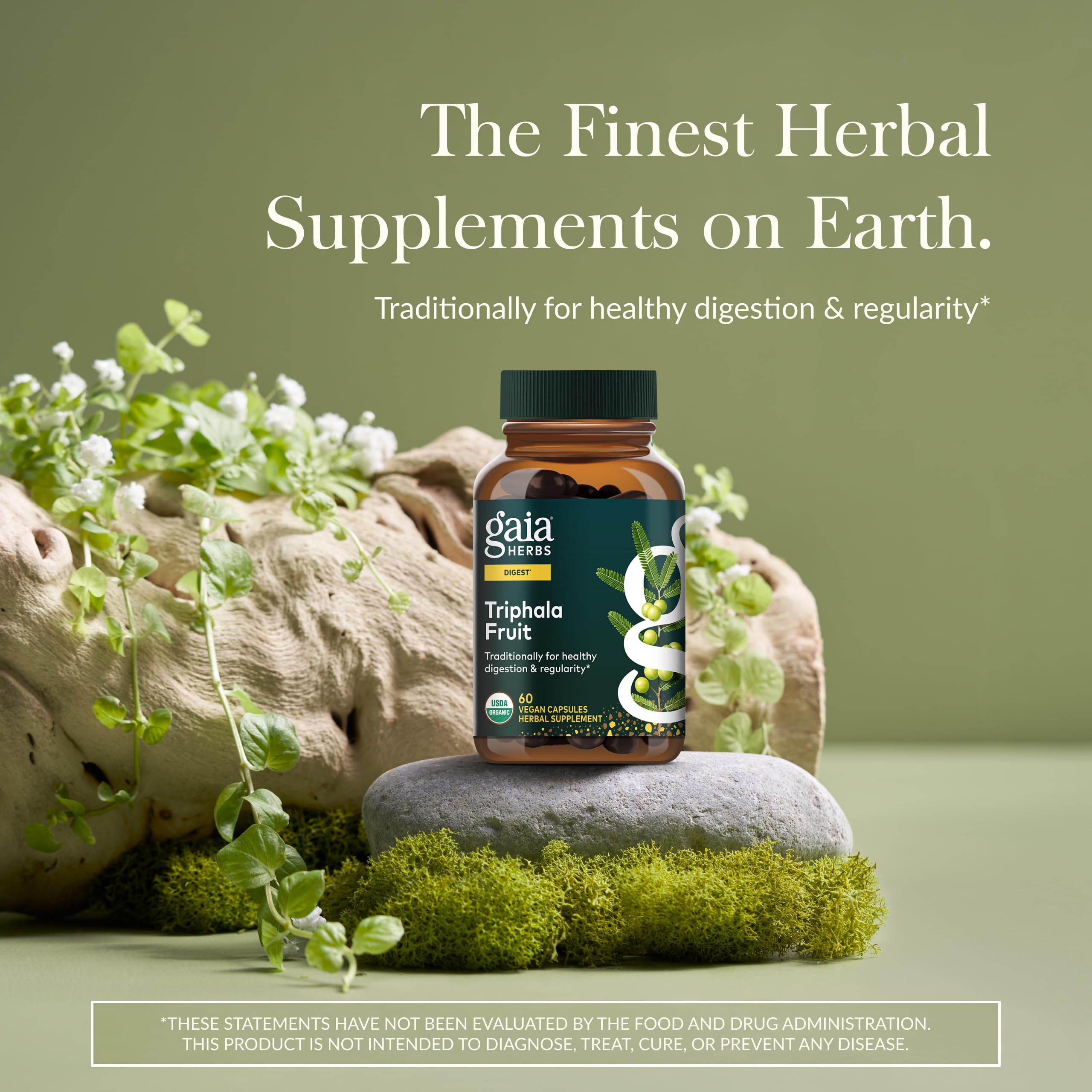 Close view of Gaia Triphala Fruit capsules highlighting natural fruit blend