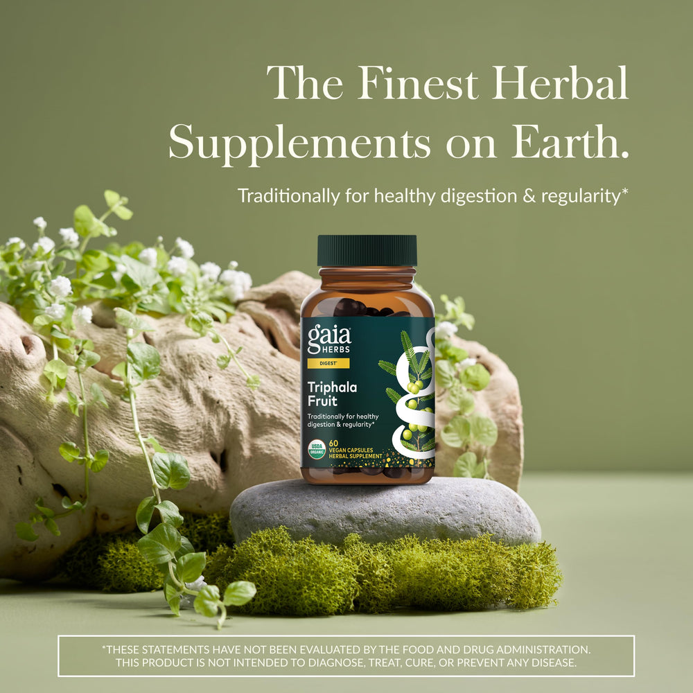 Close view of Gaia Triphala Fruit capsules highlighting natural fruit blend