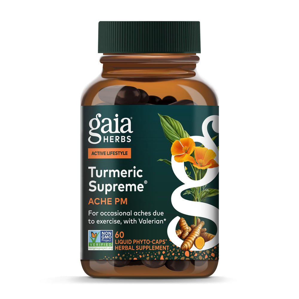 Gaia Herbs Turmeric Supreme Ache P.M. bottle with capsules for nighttime comfort
