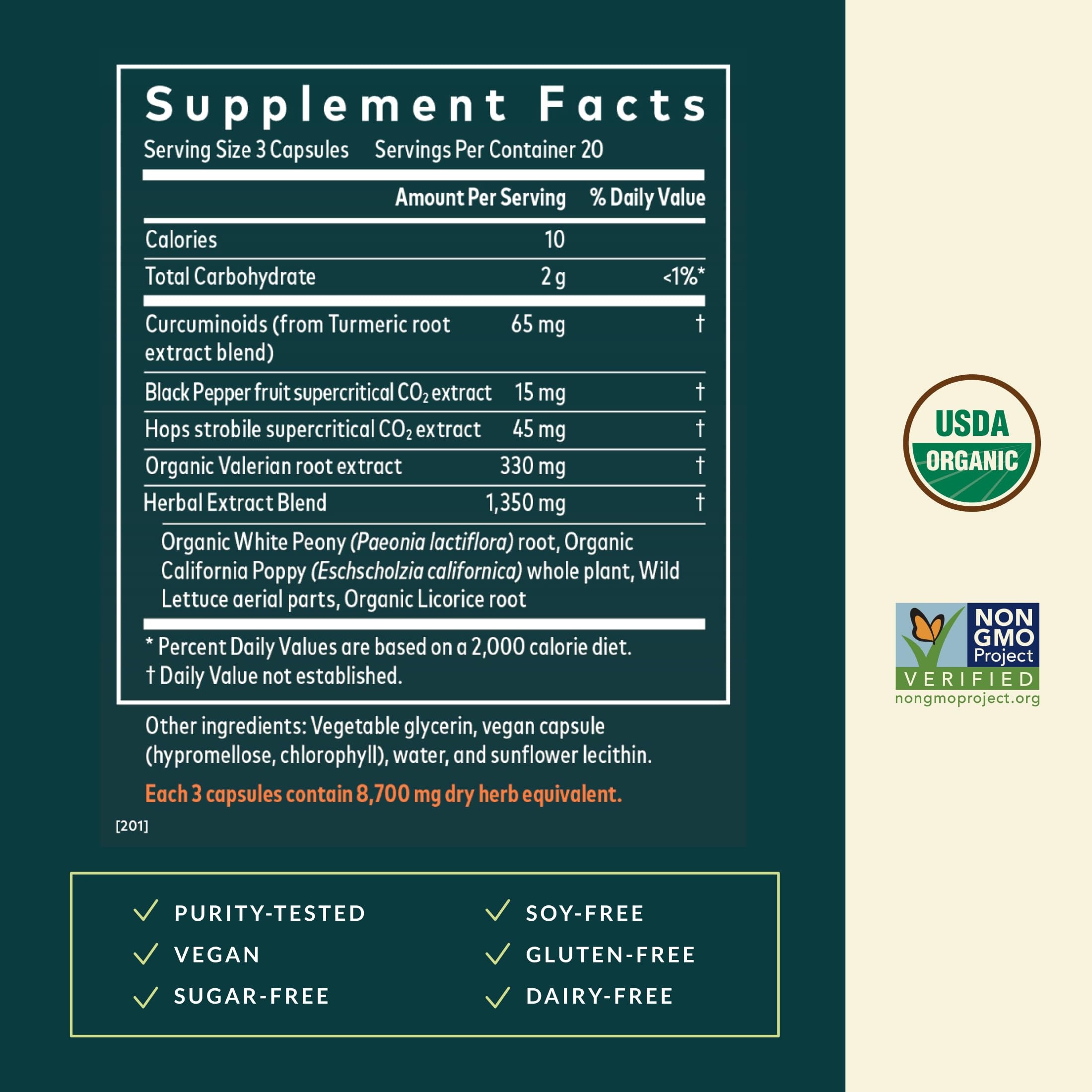 Gaia Herbs Turmeric Supreme Ache P.M. label front highlighting herbal blend for occasional discomfort