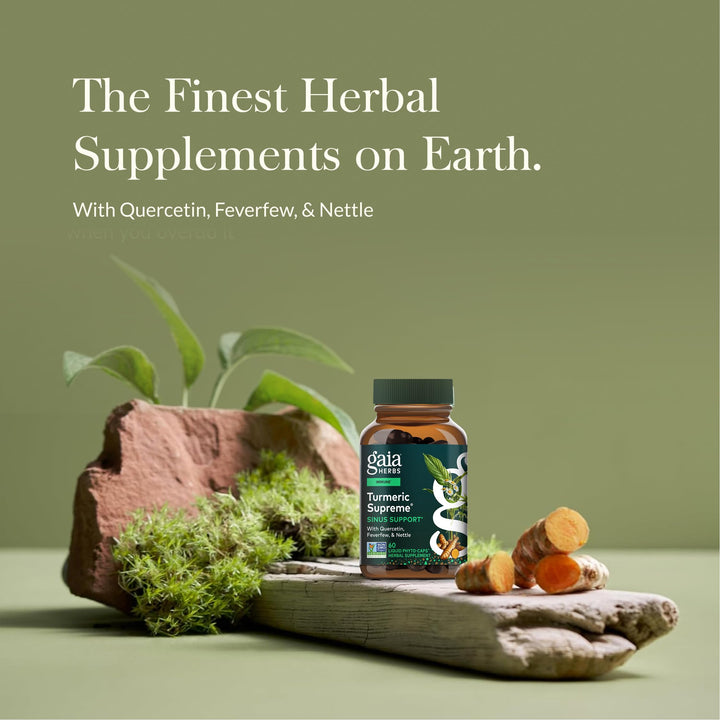 Gaia Herbs capsule close-up showing smooth vegan Phyto-Cap texture and easy swallowing
