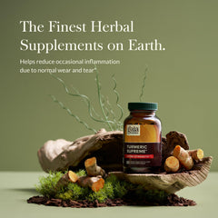Gaia Herbs Turmeric Supreme Extra Strength bottle back with dosage and ingredients.