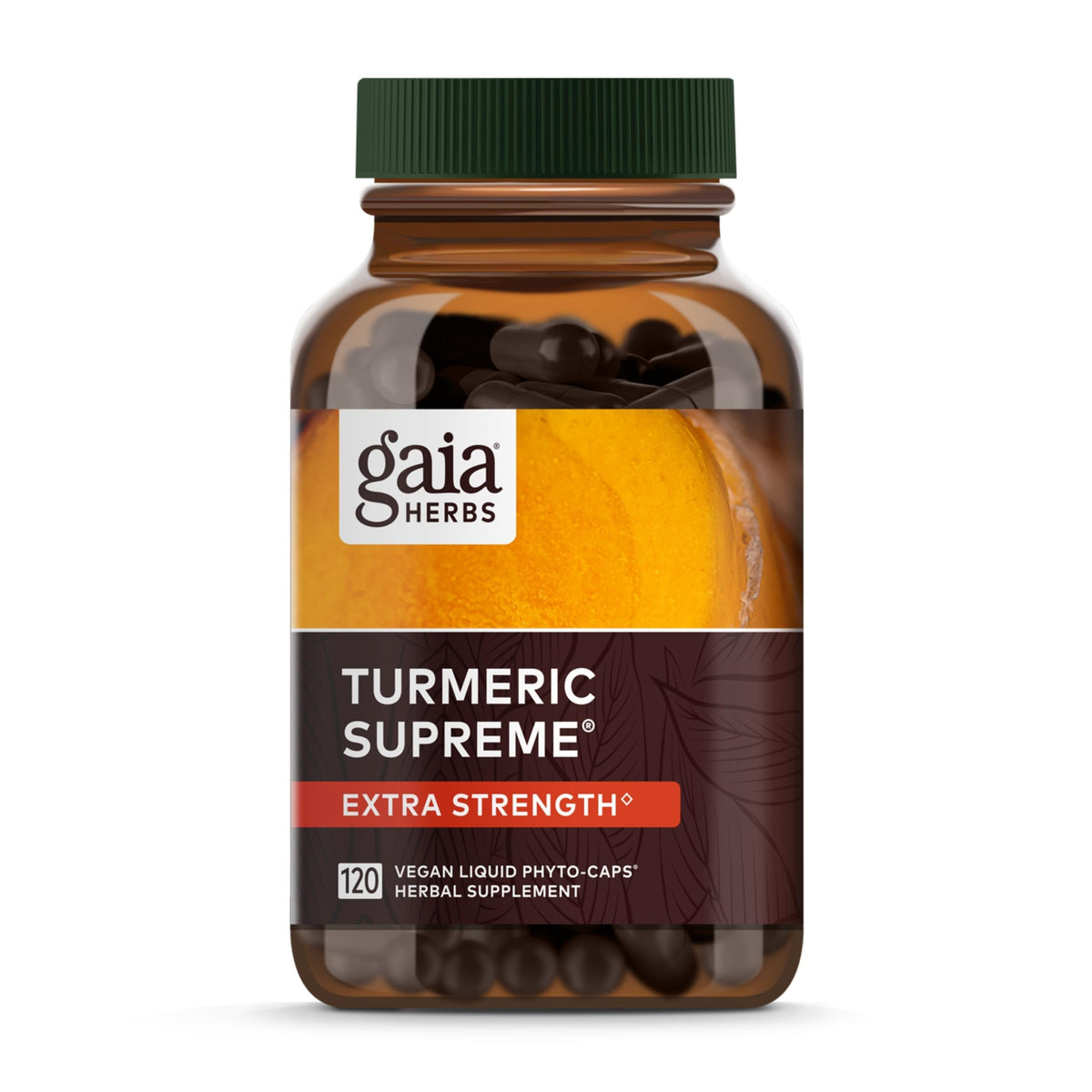 Gaia Herbs Turmeric Supreme Extra Strength bottle front, daily comfort in focus.