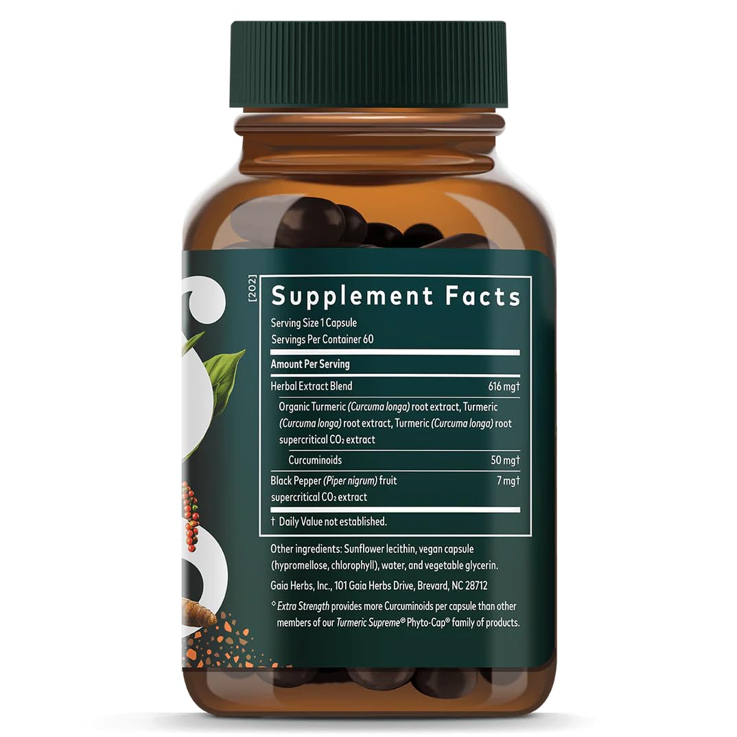 Gaia Herbs Turmeric Supreme Extra Strength capsules close-up for daily use in vegan form.