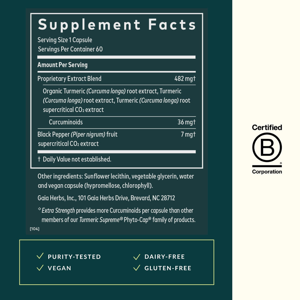 Gaia Herbs Turmeric Supreme capsules close-up, highlighting vegan liquid phyto-caps.
