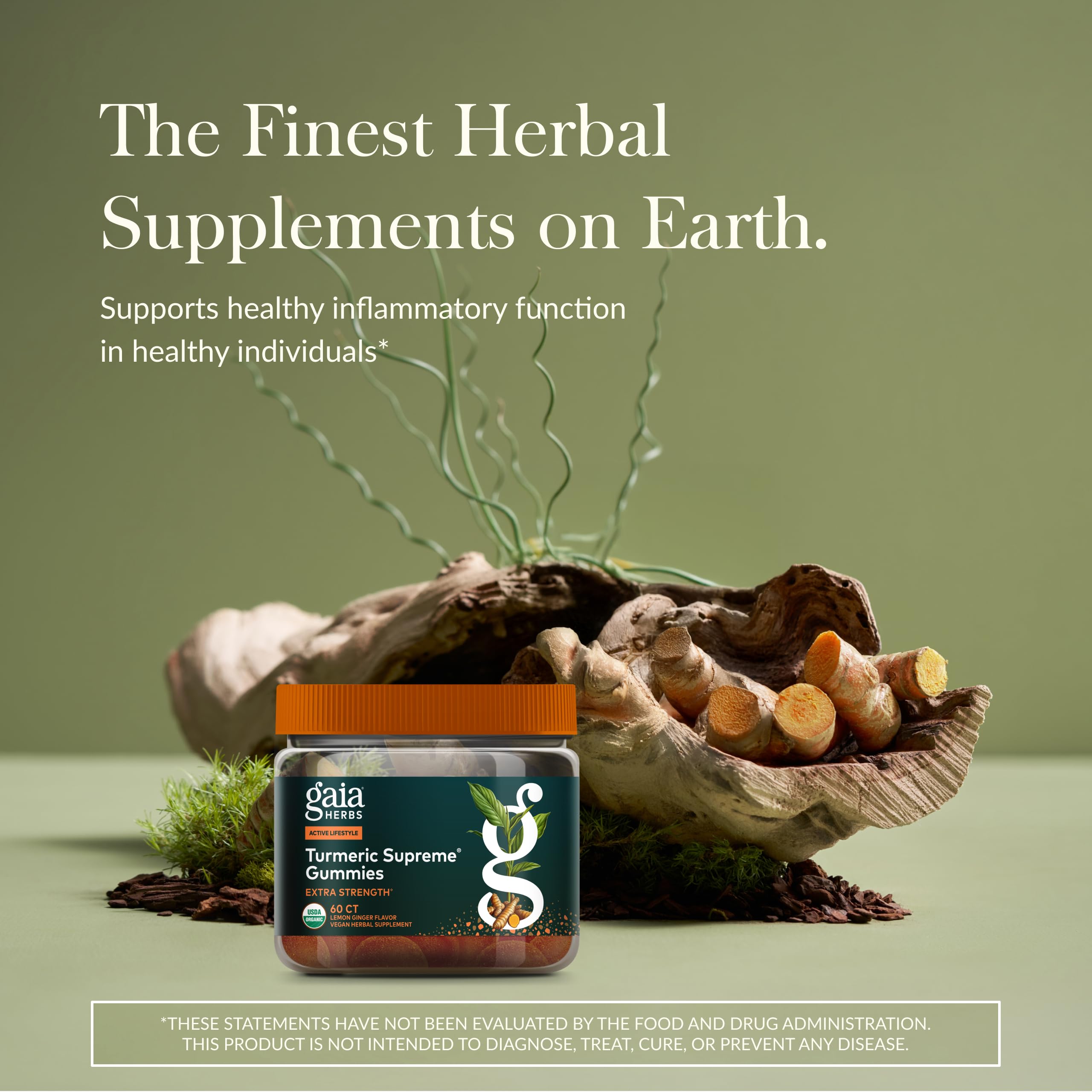 Gaia Herbs Turmeric Supreme Gummies bottle side shows portable lifestyle use.