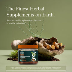 Gaia Herbs Turmeric Supreme Gummies bottle side shows portable lifestyle use.