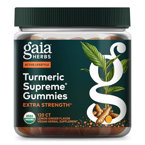 Gaia Herbs Turmeric Supreme Gummies bottle in a wellness setup for daily use