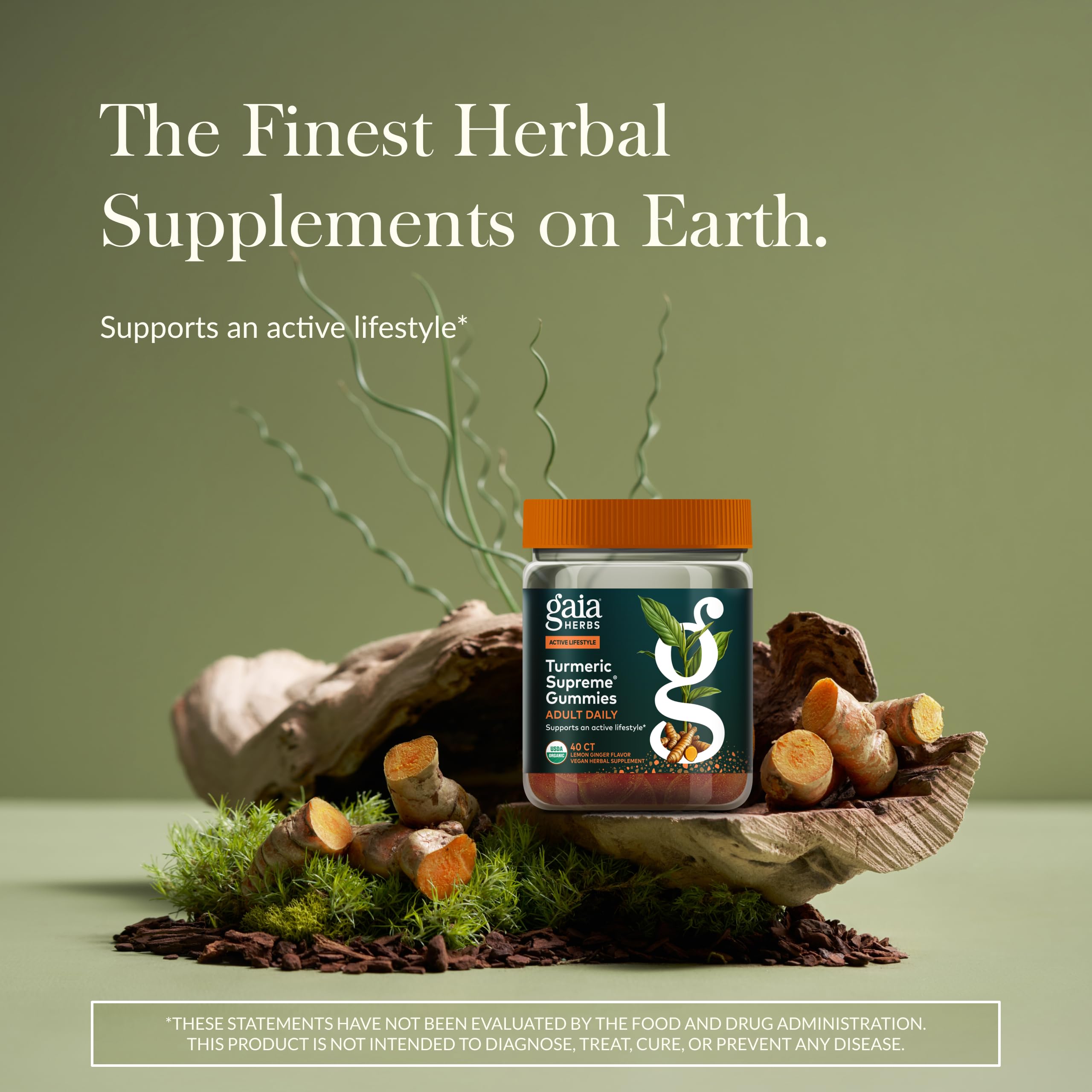 Gaia Herbs Turmeric Supreme gummies closeup showing chewy texture and natural color.