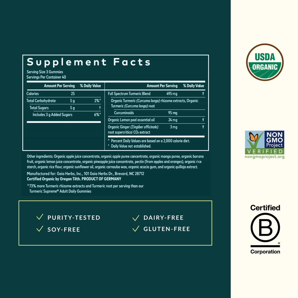 Close-up of Gaia Herbs Turmeric Supreme Gummies label highlighting curcuminoids