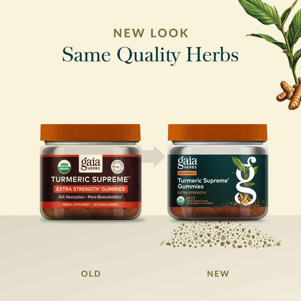 Gaia Herbs Turmeric Supreme Gummies ingredients panel emphasizes gluten-free and vegan formulation.