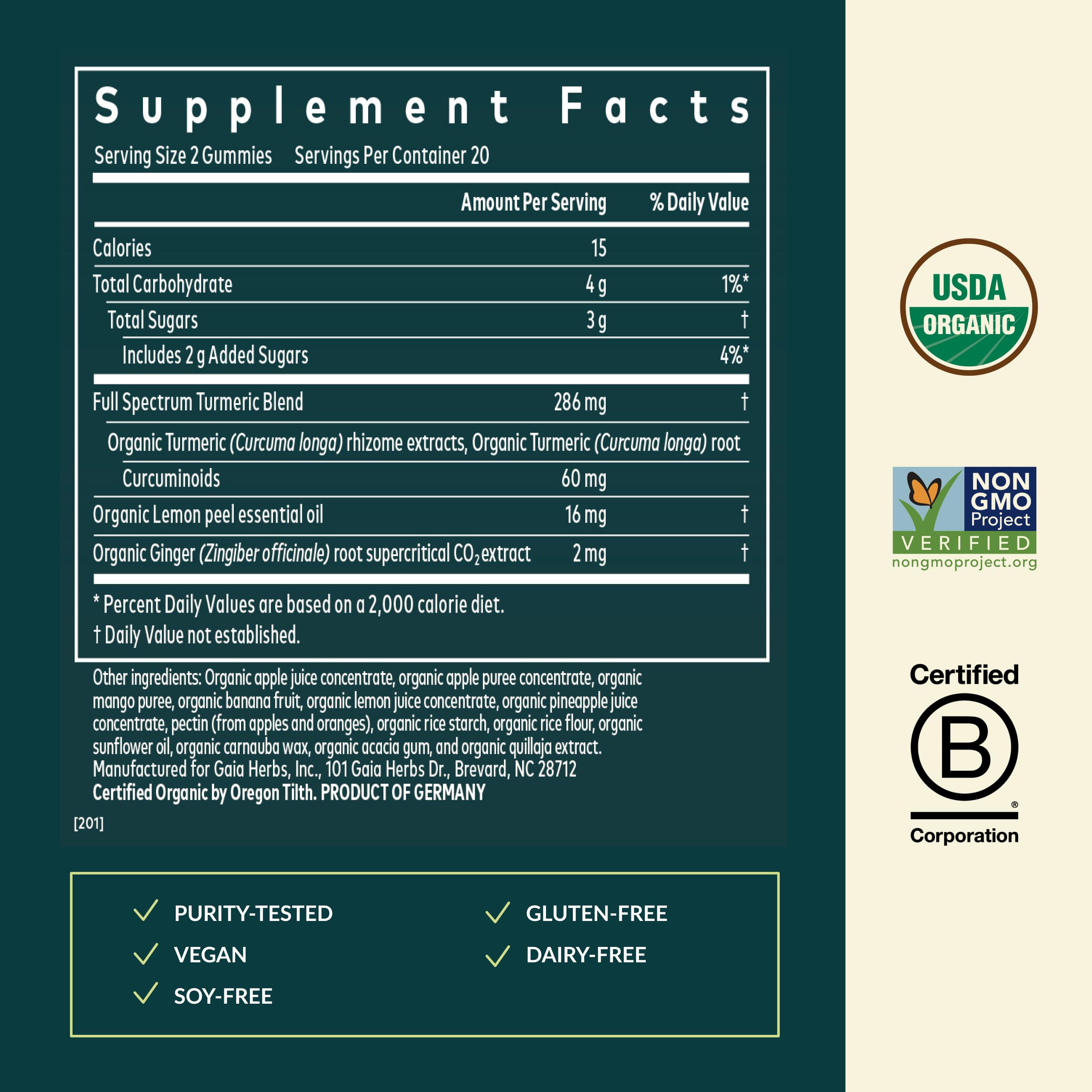 Gaia Herbs Turmeric Supreme label closeup highlighting organic quality.