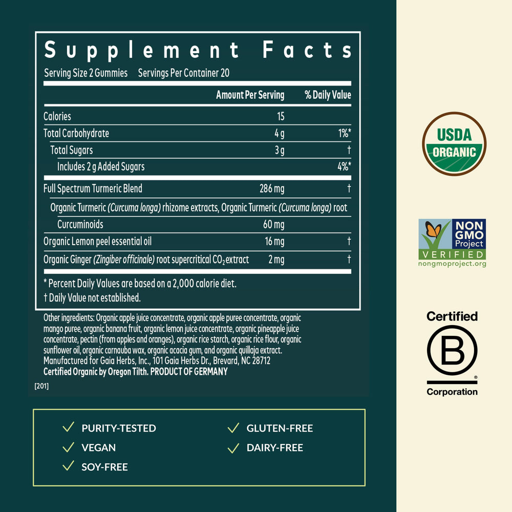 Gaia Herbs Turmeric Supreme label closeup highlighting organic quality.